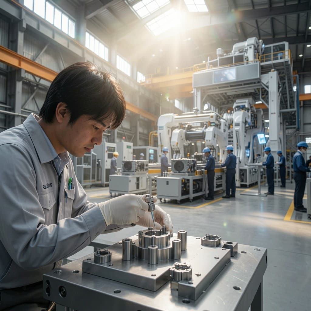 Engineer annotating technical drawings by hand at a workbench